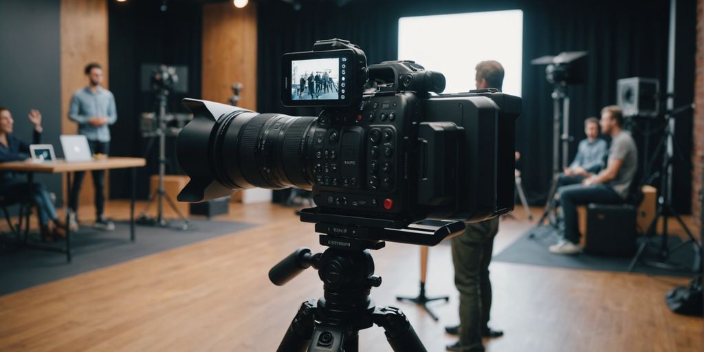 Person live streaming with professional camera equipment.