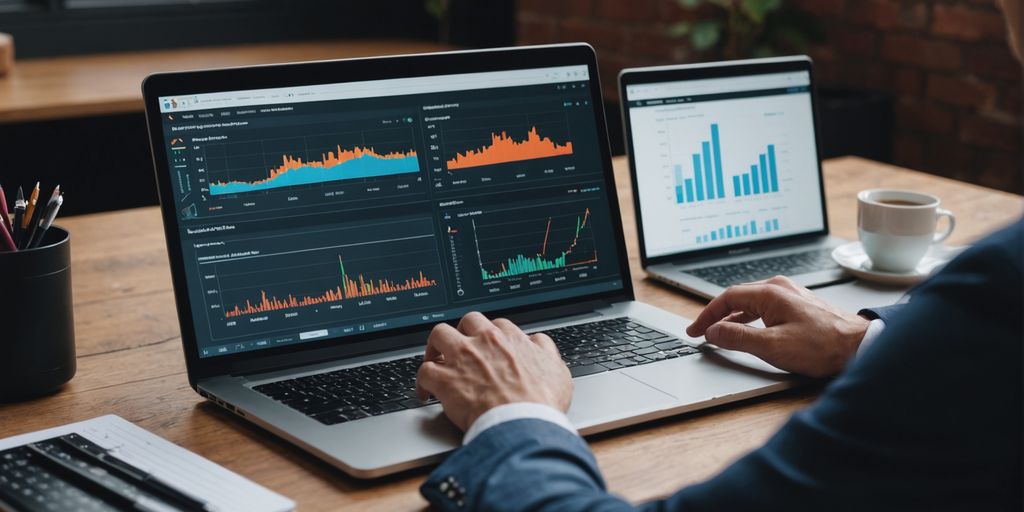 Marketer analyzing video metrics on laptop